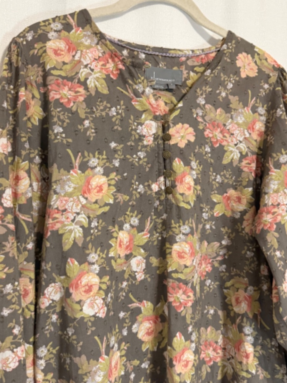 Anthropologie Gray & Pink Floral Print Michaela Cotton Peasant Blouse Size Small - Picture 2 of 11